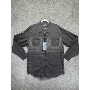 Koman Y2K Men's 2XL Black Striped Shirt‎ Long Sleeve Button Down Pocket Zip NWT
